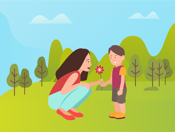 Garçon donnant une fleur à sa mère  Illustration
