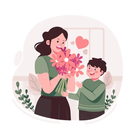 Garçon donnant une fleur à sa mère  Illustration