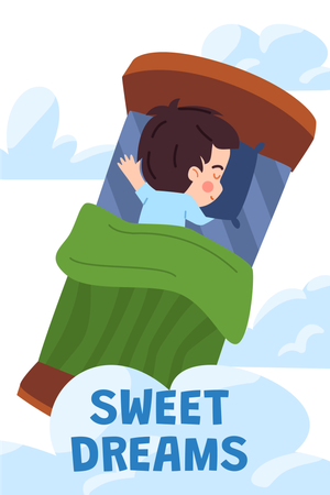 Garçon dormant dans un lit dans les nuages, fais de beaux rêves  Illustration