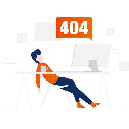 Un garçon dort sur une chaise avec un écran d'erreur 404  Illustration