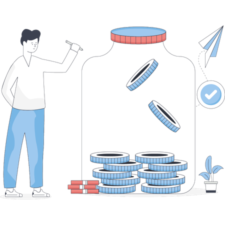 Garçon économisant de l'argent dans un pot  Illustration