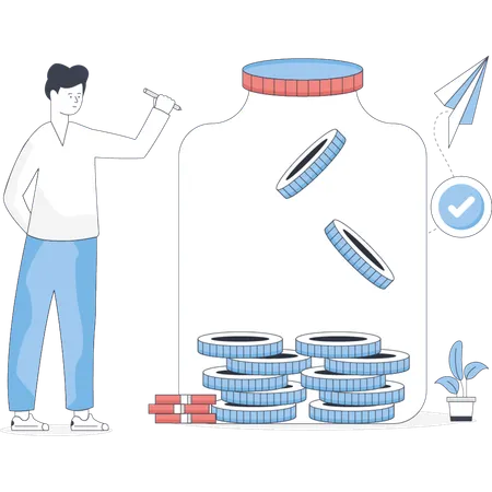 Garçon économisant de l'argent dans un pot  Illustration