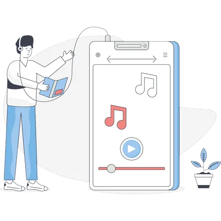 Un garçon écoute de la musique sur une application mobile  Illustration