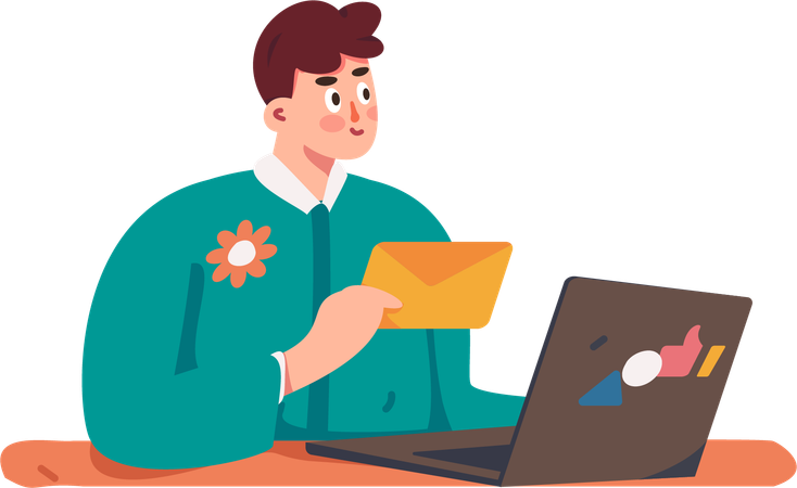 Un garçon écrit des e-mails en ligne  Illustration