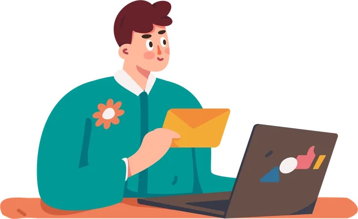 Un garçon écrit des e-mails en ligne  Illustration