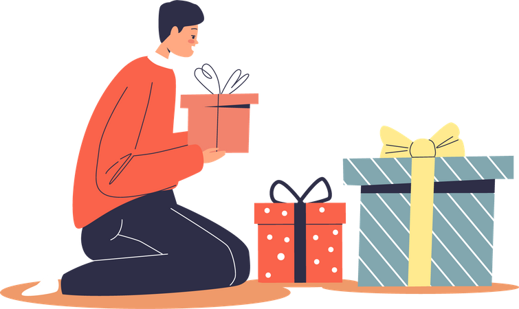 Garçon emballant des cadeaux de Noël dans des coffrets cadeaux  Illustration