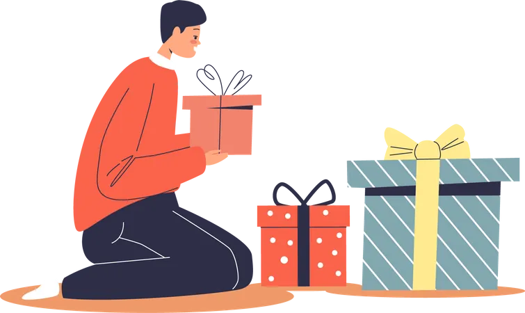 Garçon emballant des cadeaux de Noël dans des coffrets cadeaux  Illustration