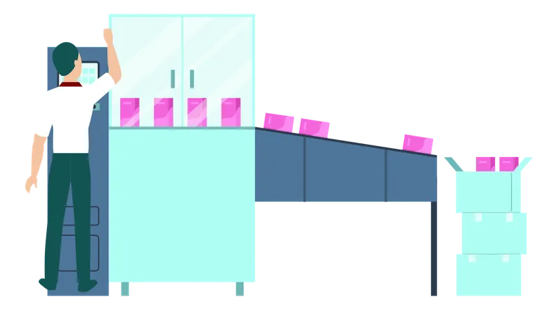 Garçon emballant des médicaments dans des cartons  Illustration