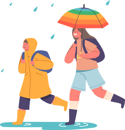 Garçon en imperméable et fille avec des sacs à dos marchant par temps pluvieux à l'école  Illustration