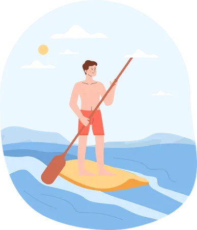 Garçon en kayak à la plage  Illustration