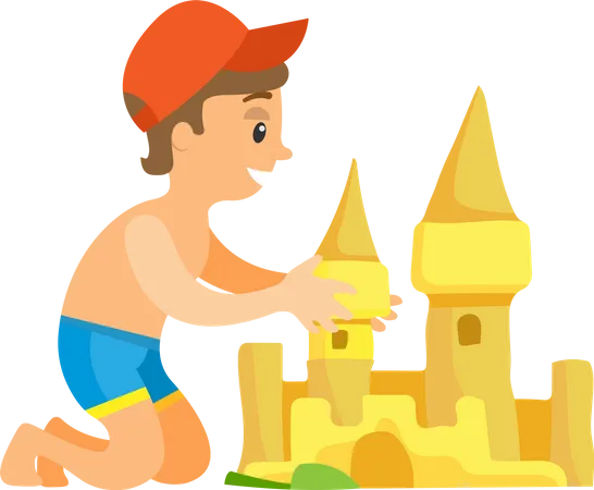 Garçon en maillot de bain et casquette construisant un château de sable  Illustration