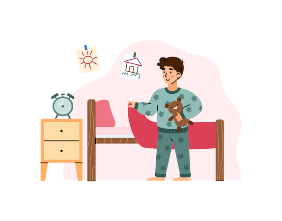 Garçon en pyjama debout à côté du lit  Illustration