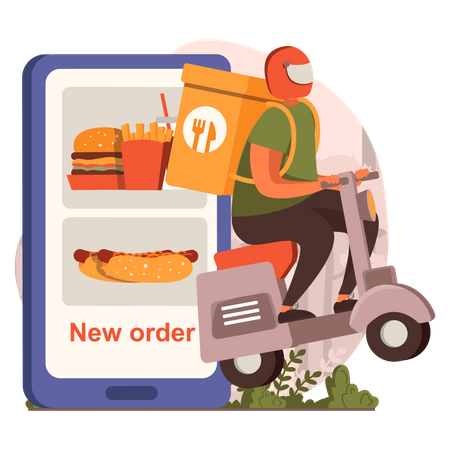 Un garçon part en scooter pour une livraison de nourriture en ligne  Illustration