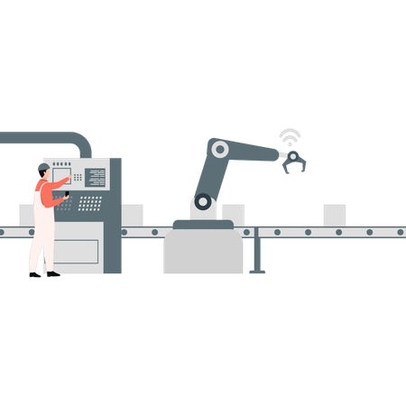 Garçon effectuant des travaux de construction à l'aide d'une machine à convoyeur  Illustration