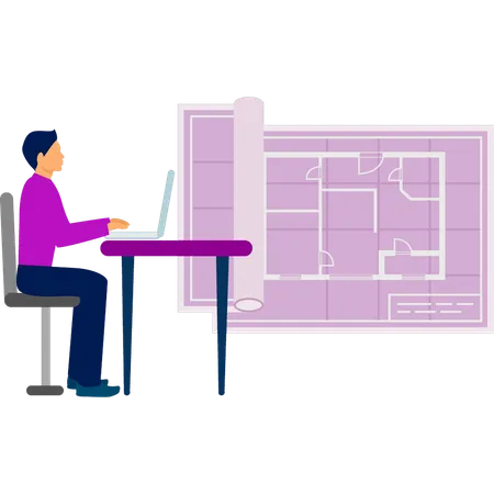 Un garçon fait un plan sur un ordinateur portable  Illustration