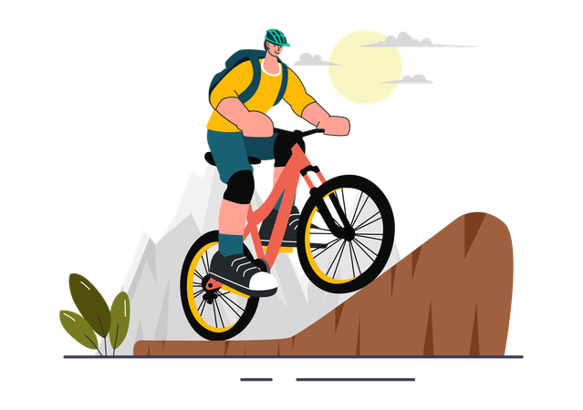 Garçon faisant du vélo sur la montagne  Illustration