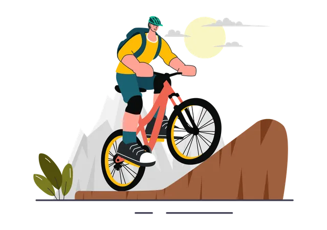 Garçon faisant du vélo sur la montagne  Illustration