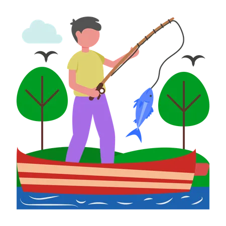 Garçon faisant de la pêche au lac  Illustration