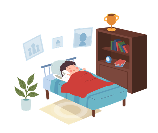 Un garçon dort dans sa chambre et sourit  Illustration