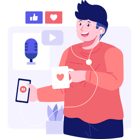 Garçon enregistrant un podcast sur un téléphone  Illustration