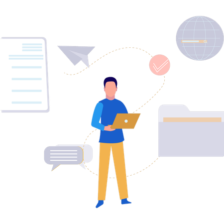 Garçon envoyant un document de fichier dans le monde entier  Illustration