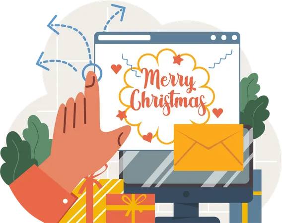 Un garçon envoie des e-mails de Noël  Illustration