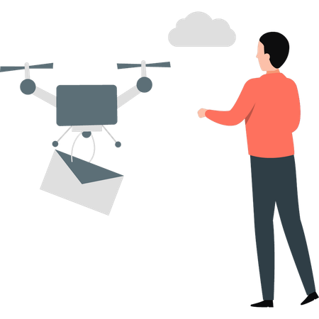 Un garçon envoie un e-mail avec un drone  Illustration