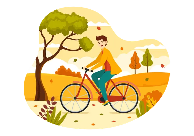 Garçon faisant du vélo dans le parc d'automne  Illustration