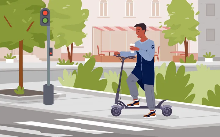 Garçon chevauchant un scooter électrique en ville  Illustration