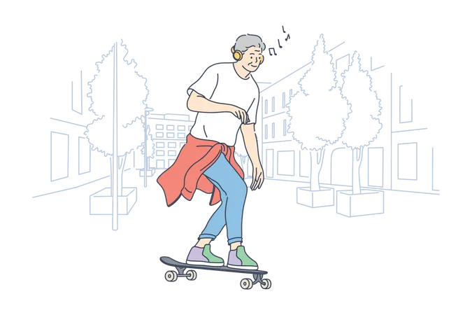 Garçon faisant du skateboard, écoutant de la musique et exécutant des tours  Illustration