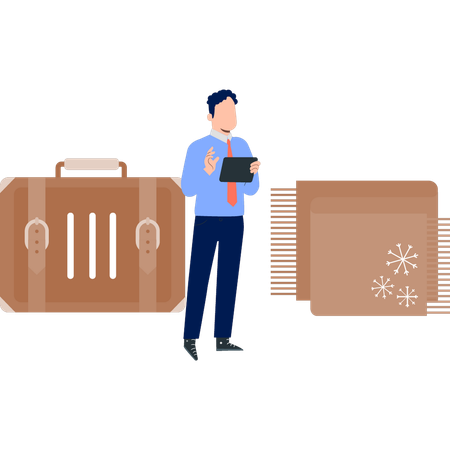 Un garçon se tient près d'un sac de bureau  Illustration