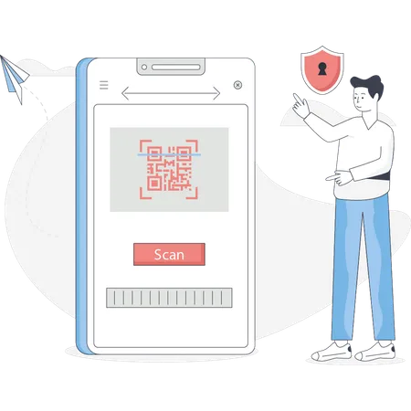 Un garçon fait un code QR protégé  Illustration