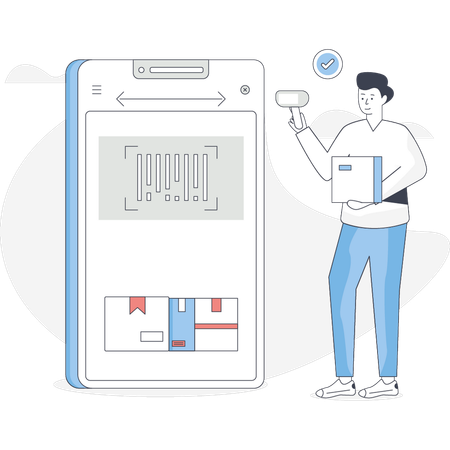 Un garçon scanne le code-barres du colis  Illustration