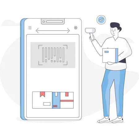 Un garçon scanne le code-barres du colis  Illustration