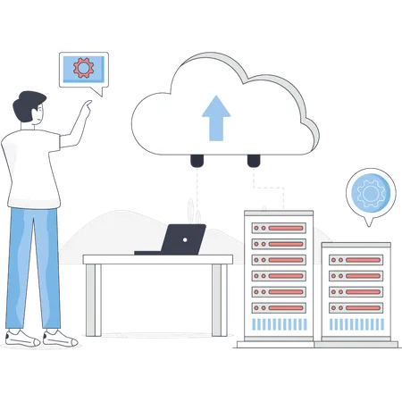 Un garçon effectue un transfert de données dans le cloud  Illustration