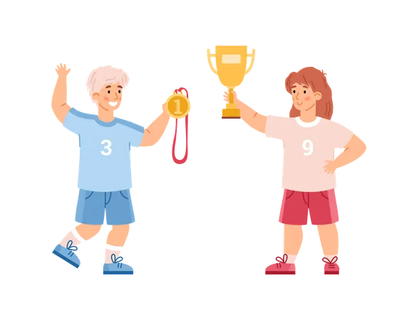 Garçon et fille avec une coupe et une médaille d'or  Illustration