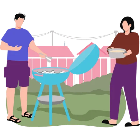 Garçon et fille faisant un barbecue dehors  Illustration