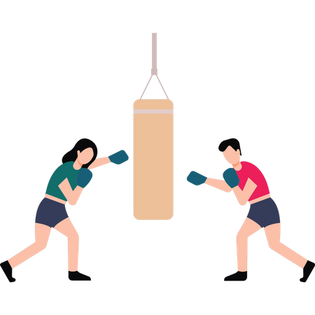 Garçon et fille boxant sur un sac de boxe  Illustration