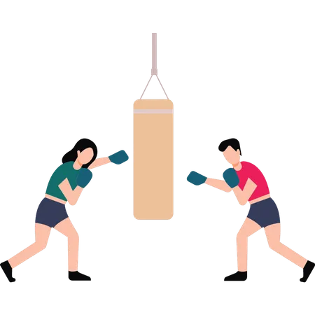 Garçon et fille boxant sur un sac de boxe  Illustration