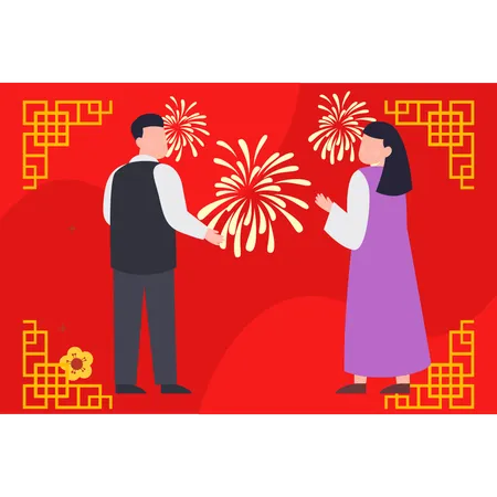 Garçon et fille célébrant le nouvel an chinois  Illustration