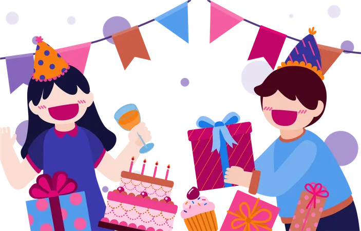 Garçon et fille célébrant leur anniversaire  Illustration