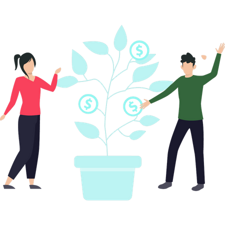 Un garçon et une fille cultivent une plante en dollars  Illustration