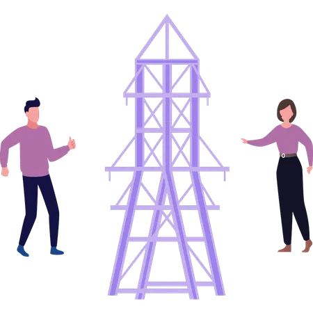 Garçon et fille debout près de la tour électrique  Illustration