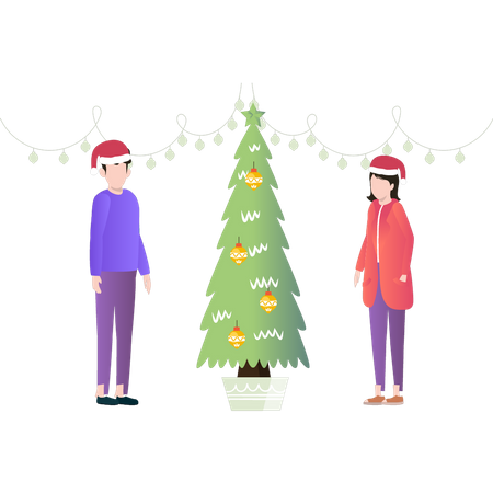 Garçon et fille debout près de l'arbre de Noël  Illustration