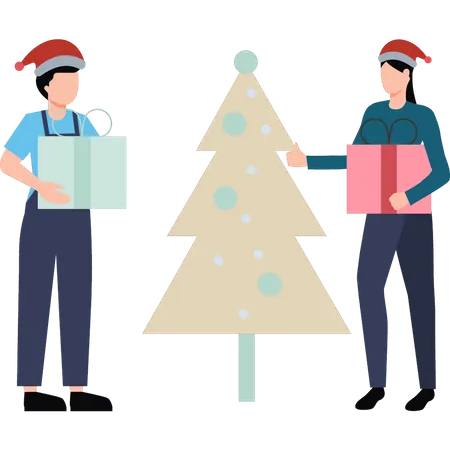 Garçon et fille debout près de l'arbre de Noël avec des cadeaux  Illustration