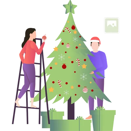 Garçon et fille décorant le sapin de Noël  Illustration