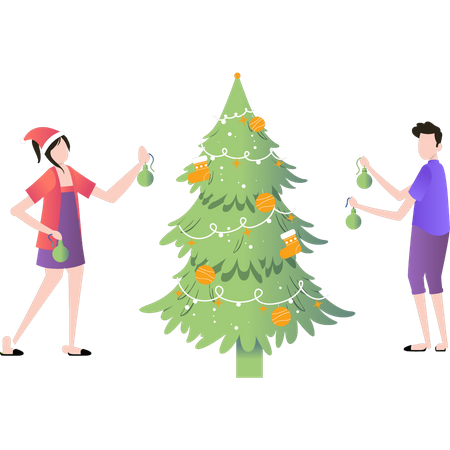 Garçon et fille décorant le sapin de Noël avec des lumières  Illustration