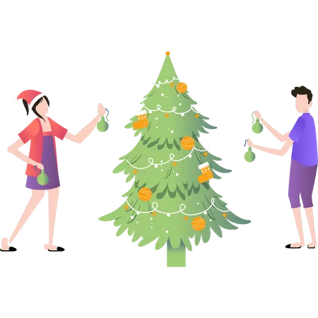 Garçon et fille décorant le sapin de Noël avec des lumières  Illustration