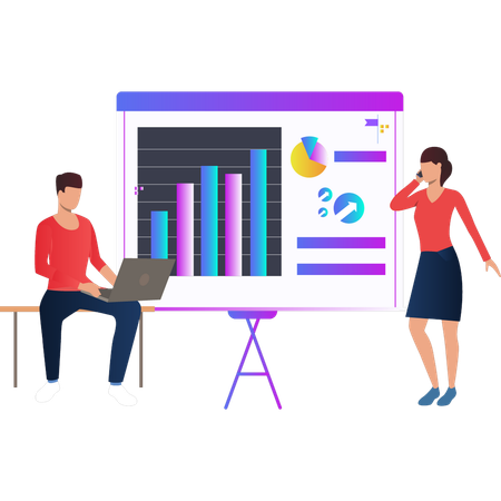 Garçon et fille discutant du graphique financier sur le tableau de présentation  Illustration