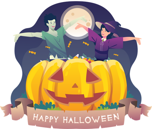 Garçon et fille en costume célébrant Halloween  Illustration